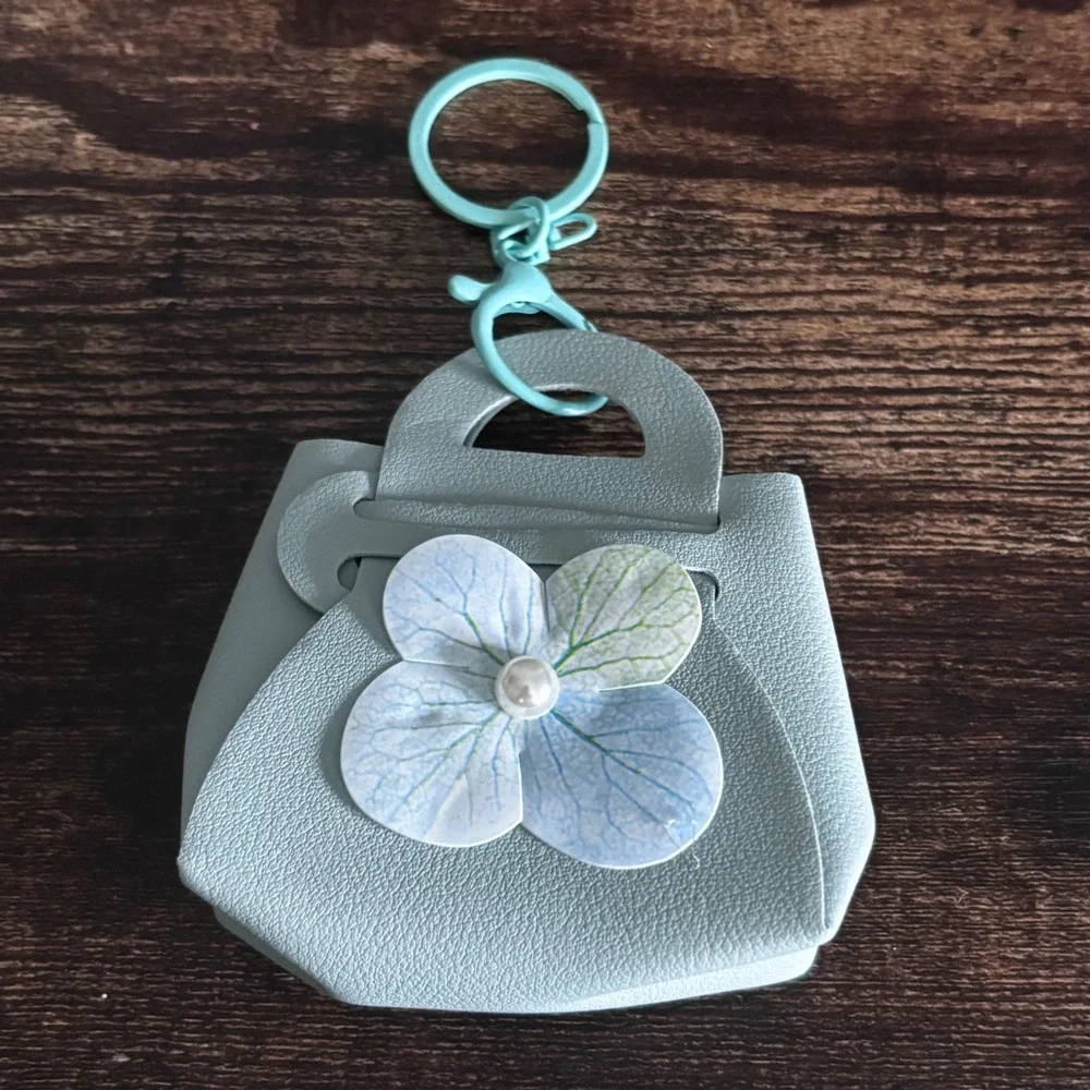 Green Blue Mini Handbag Keychain with Floral Pearl Detail Pouch Accessory